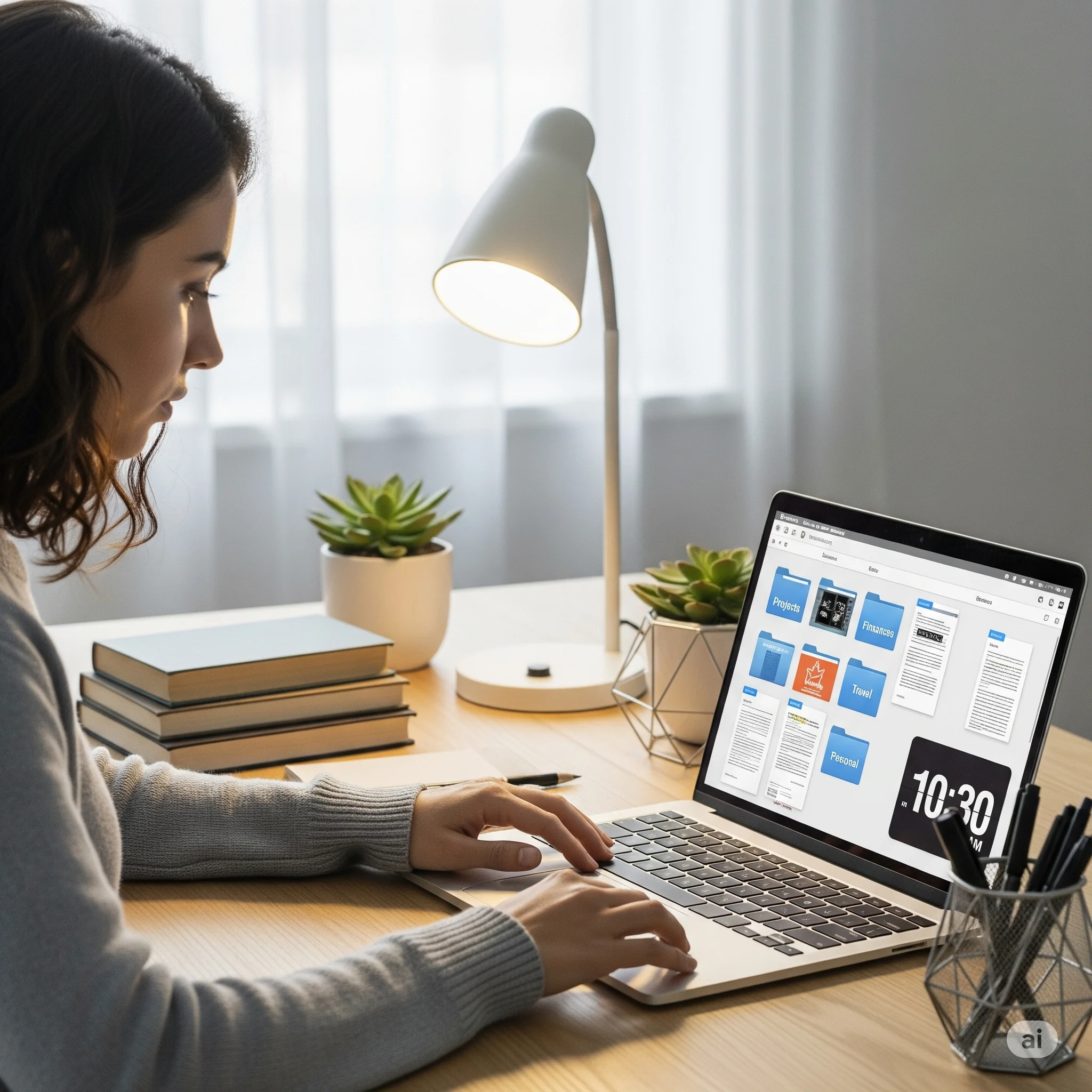 Mulher organizando arquivos digitais no computador seguindo um checklist de organização digital