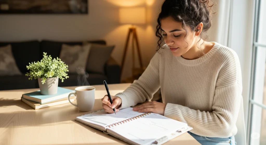 Mulher usando planner para organizar a casa e a rotina doméstica