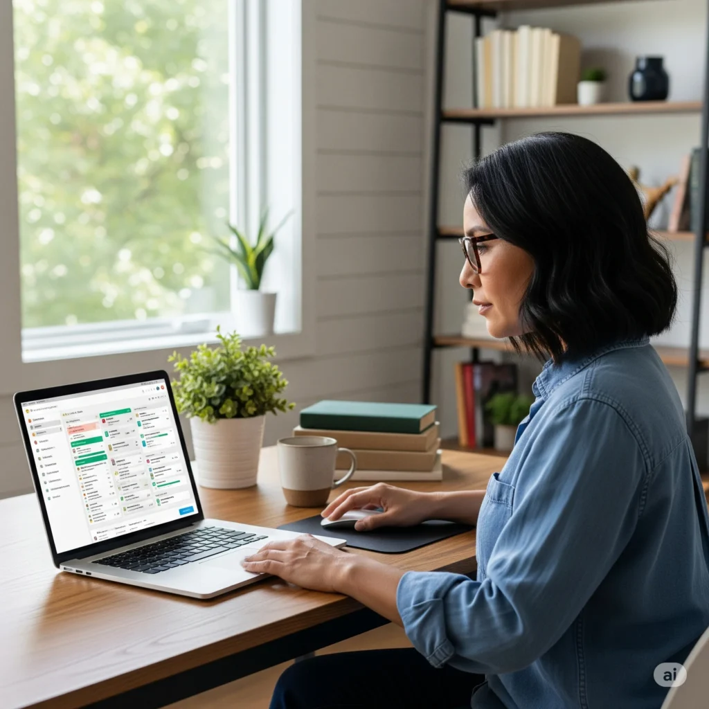Mulher trabalhando com aplicativos de organização no notebook