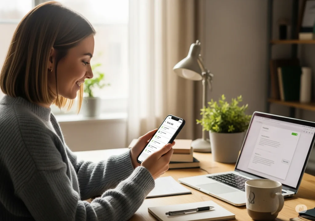 Mulher usando aplicativo de organização de tarefas no celular