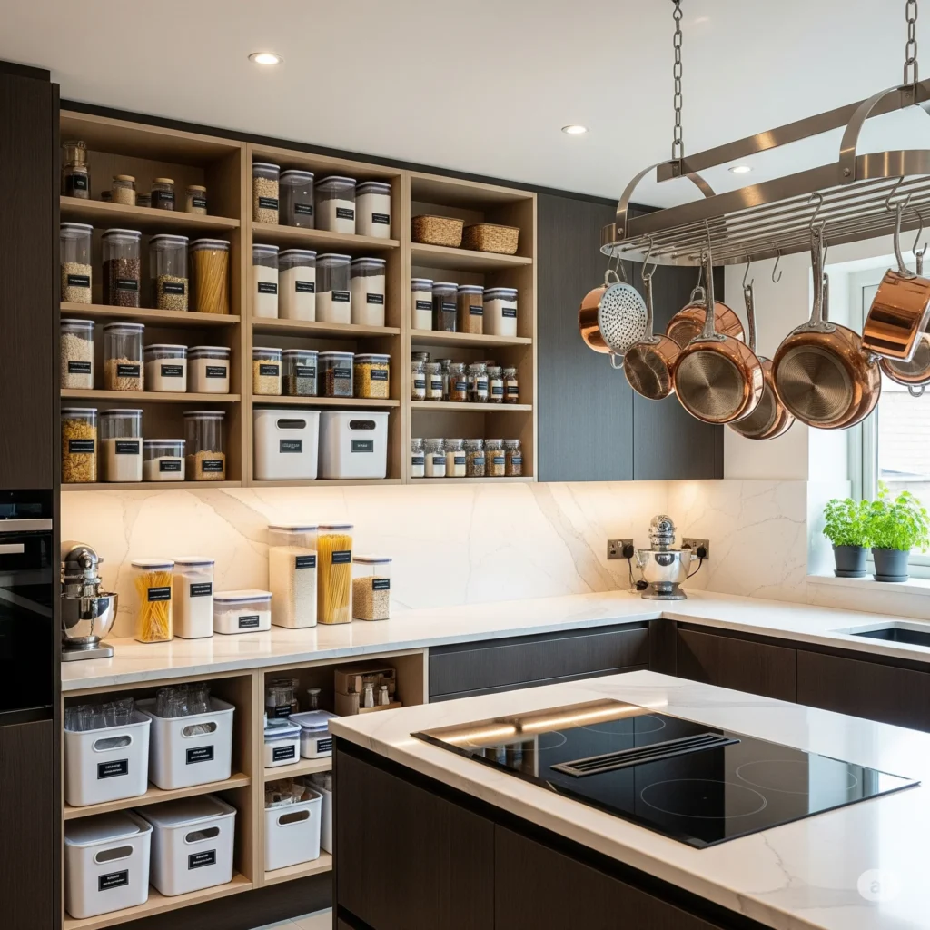 Organização doméstica na cozinha com potes e etiquetas.