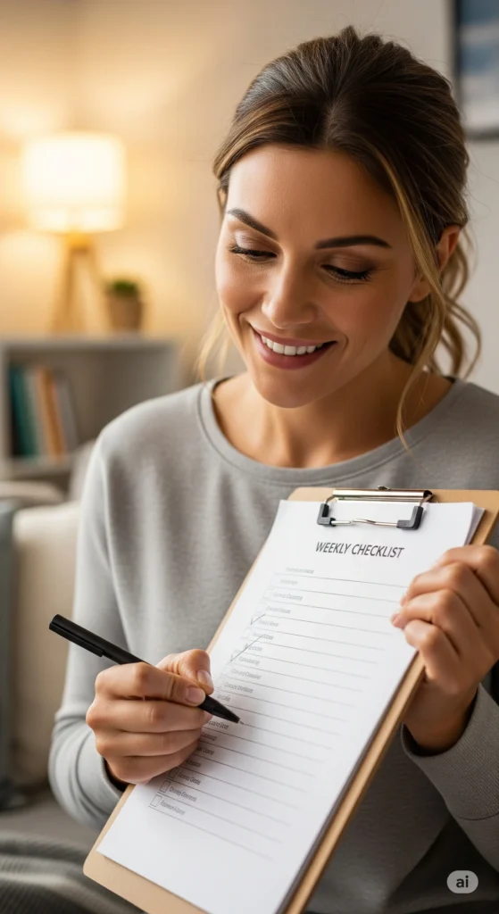 organização semanal bem feita - mulher sorrindo marcando checklist