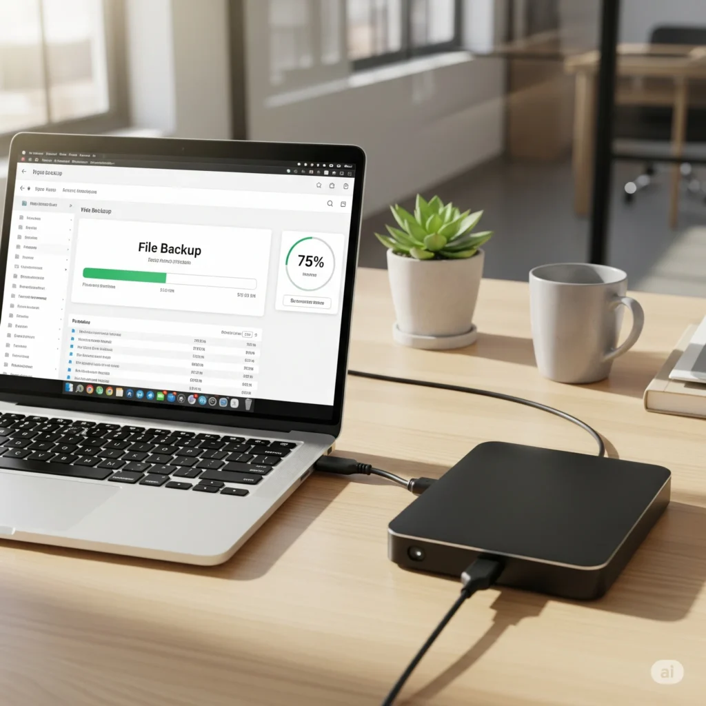 Pessoa conectando HD externo para backup após organizar arquivos no computador.