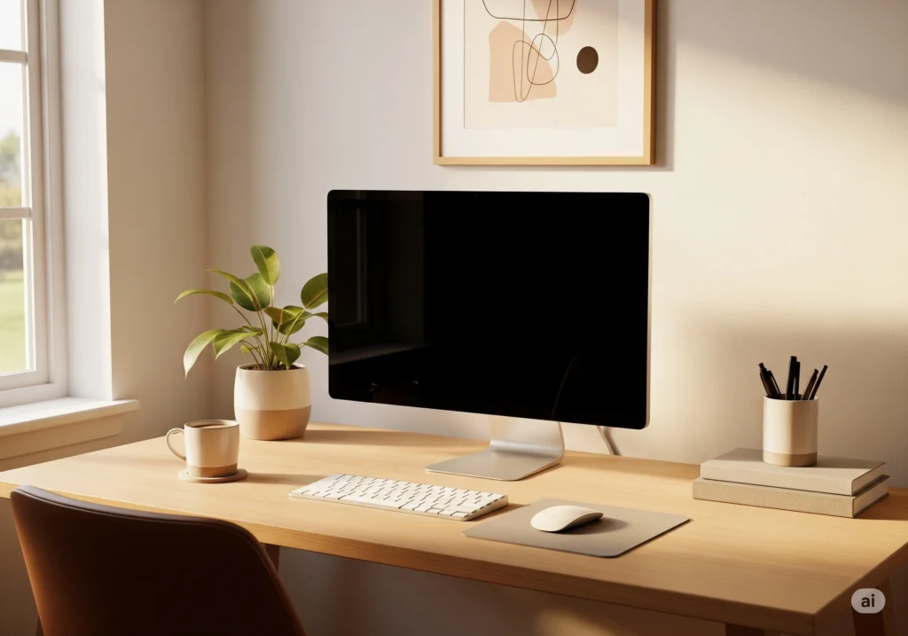 Mesa de trabalho limpa e minimalista para mostrar como organizar arquivos no computador.