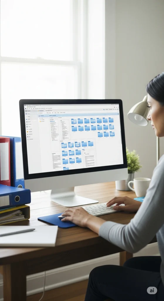 Mulher utilizando notebook para organizar arquivos no computador de forma prática.