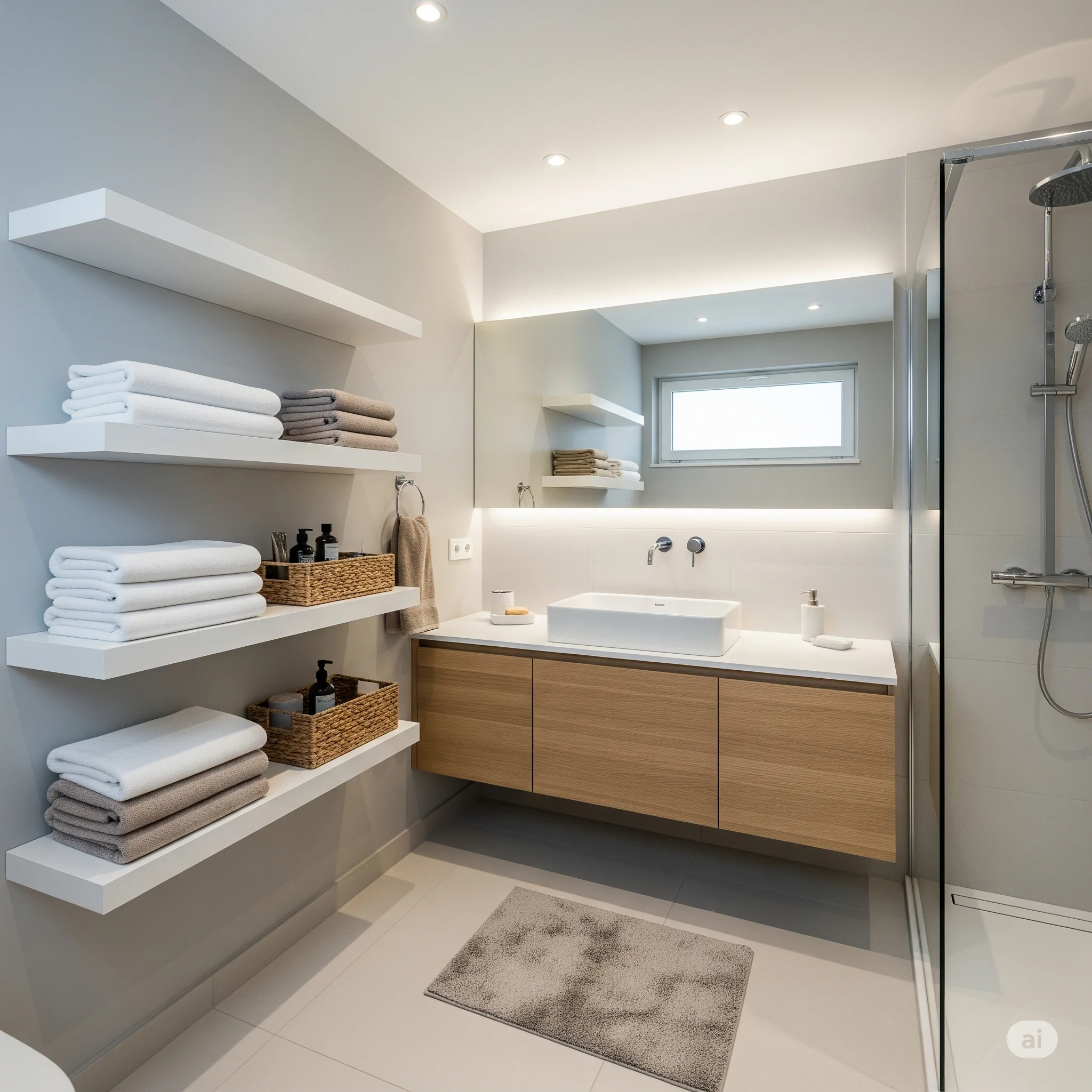 Organizar banheiro - Banheiro pequeno organizado com prateleiras e cestos decorativos
