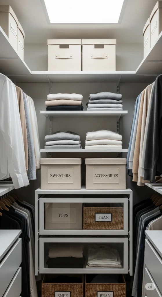 Organizar o guarda-roupa, espaço organizado.