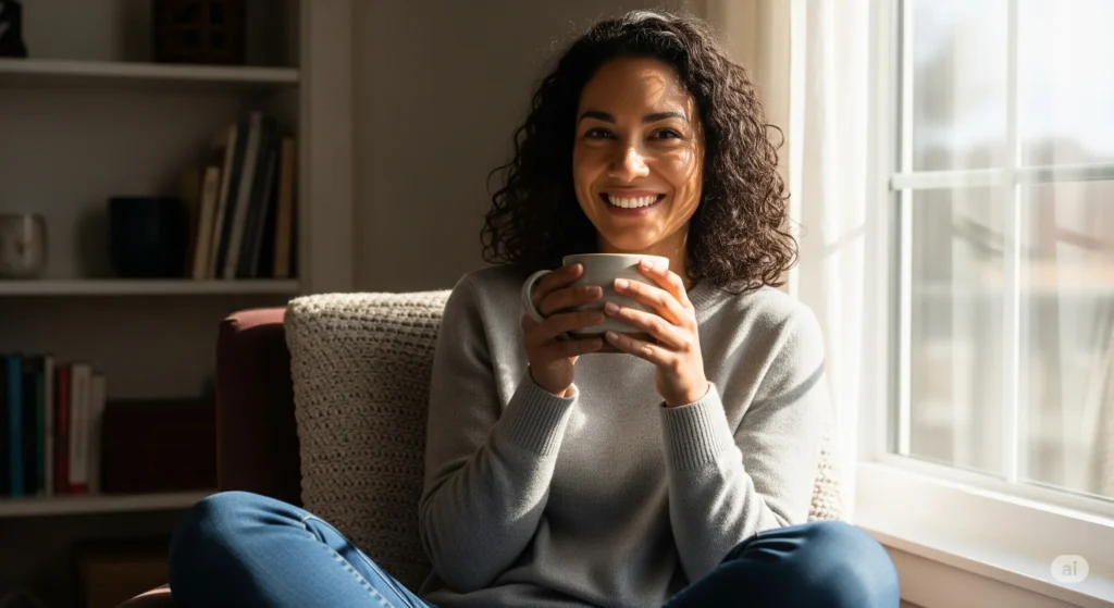 Mulher tomando café durante uma pausa mental para relaxar.