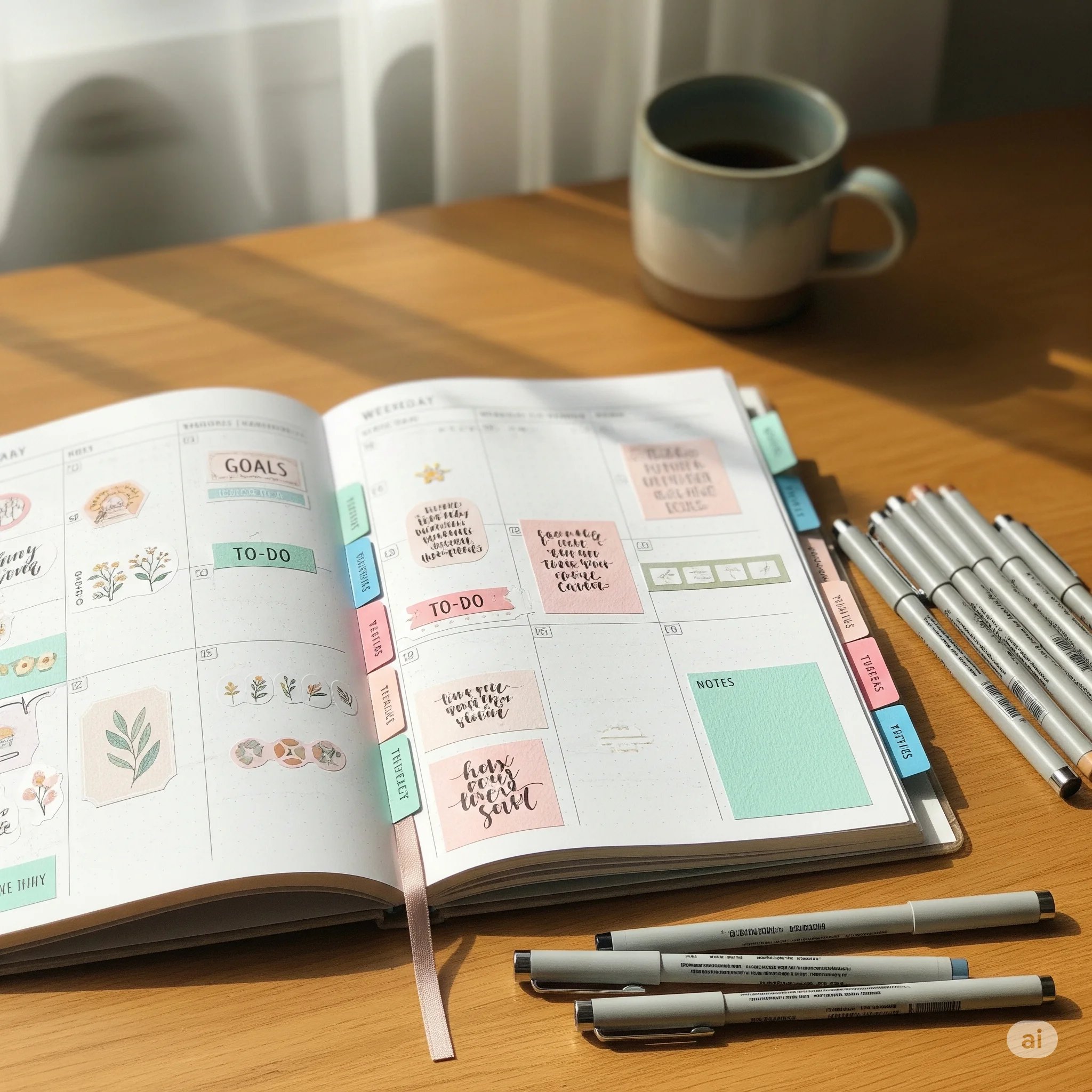 Mulher decorando um planner caseiro com adesivos e fitas