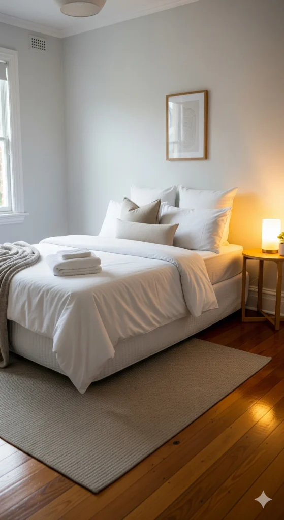 Quarto organizado e aconchegante após arrumando a casa.