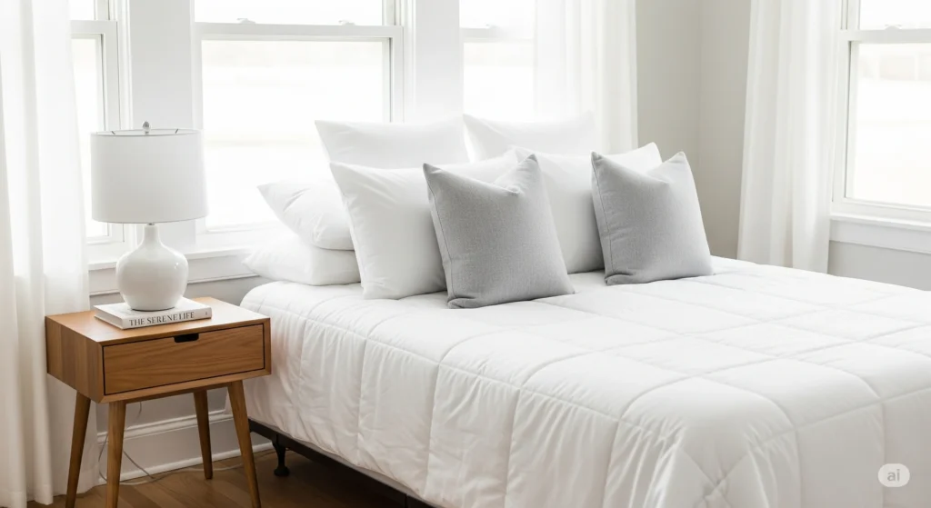 Quarto minimalista com cama bem arrumada, símbolo de casa limpa e organizada