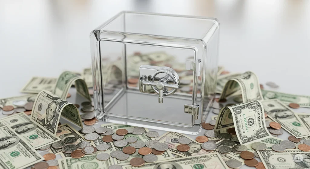 Reserva de emergência - Cofre transparente com cédulas e moedas