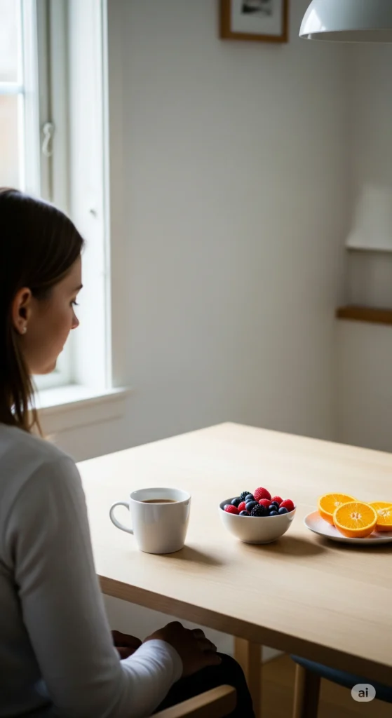 Mulher praticando rotina minimalismo em café da manhã simples