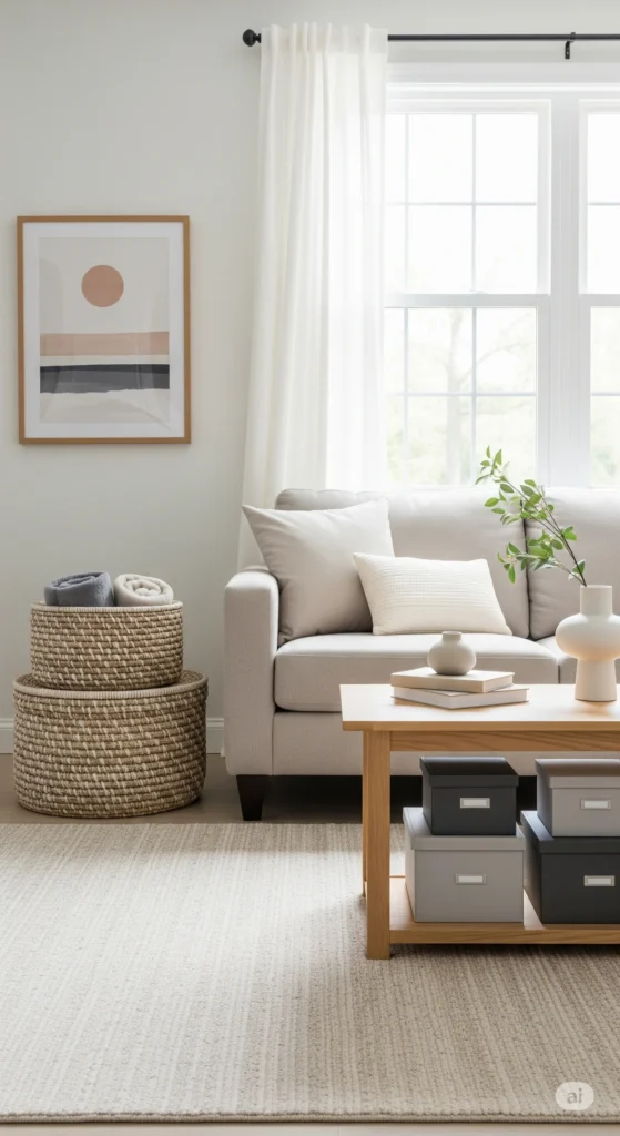 Sala organizada com caixas e cestos decorativos para organizar a casa