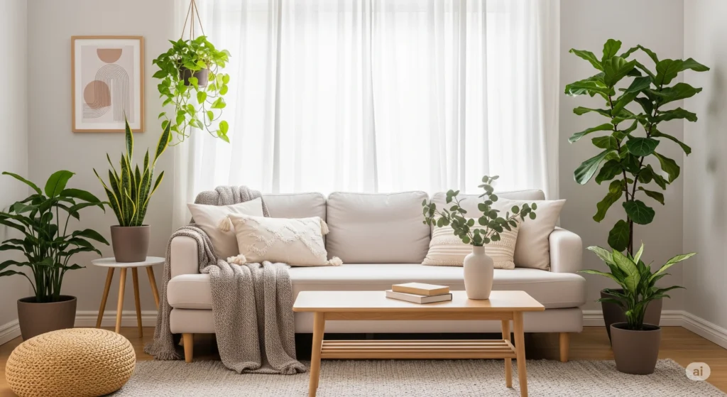 Sala organizada com decoração minimalismo e plantas verdes