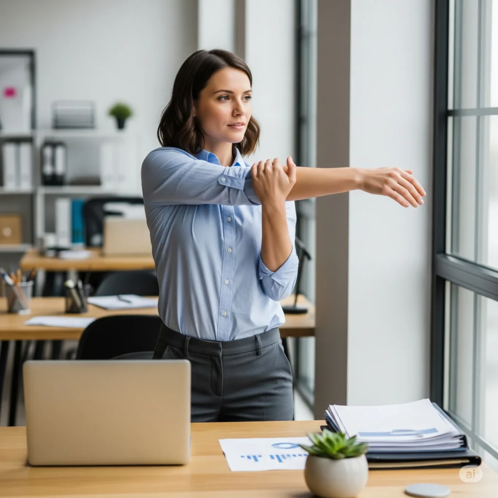 técnicas para reduzir o estresse - mulher se alongando no trabalho