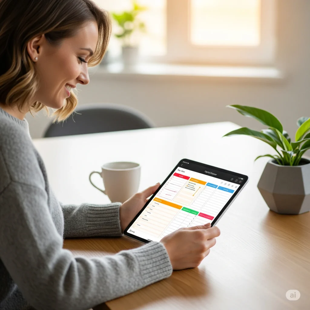 Mulher aplicando tendências de organização digital usando planner no tablet