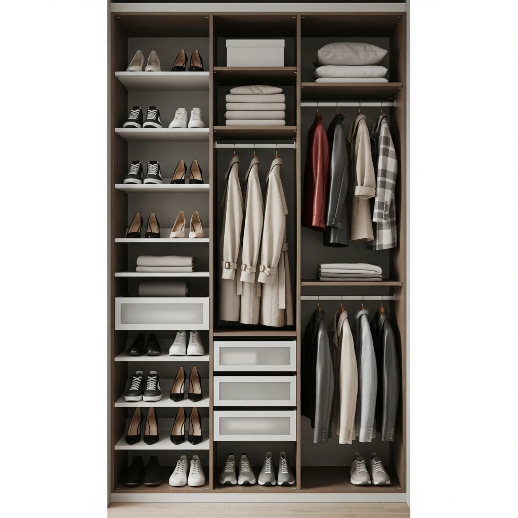 Closet multifuncional com sapatos, casacos e bolsas organizados dentro das tendências de organização