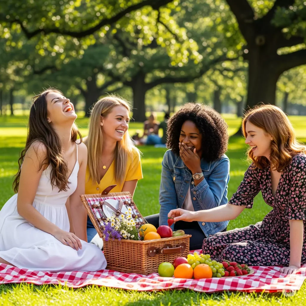 Mulher sorrindo em um piquenique com amigas