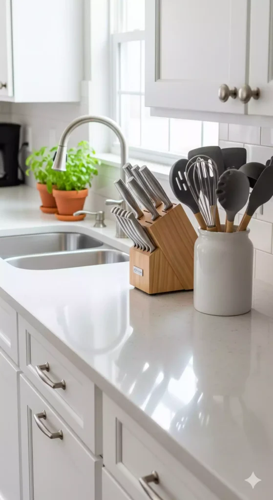 Cozinha organizada e funcional após ajeitar a casa.