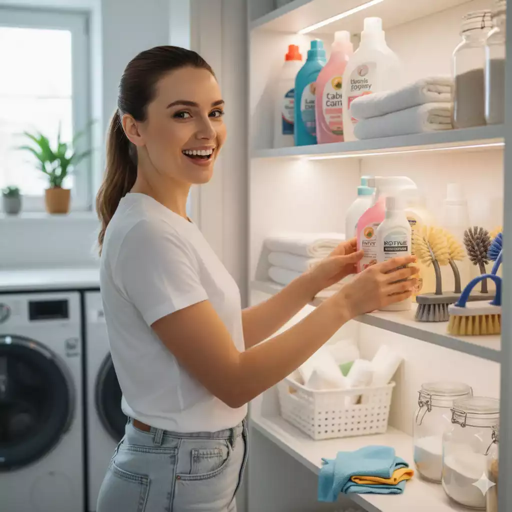 Mulher organizando armário para lavanderia