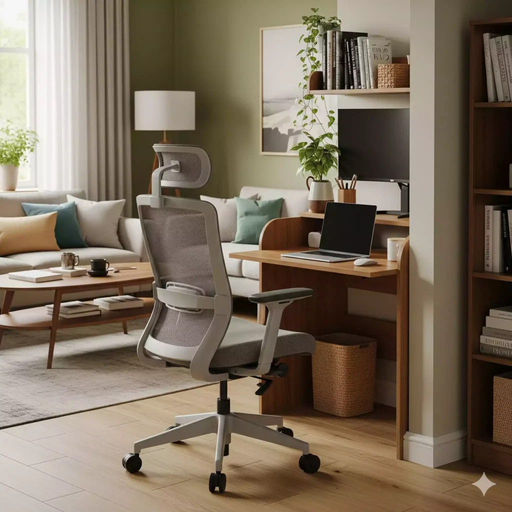 cadeira ergonômica discreta em mini escritório na sala