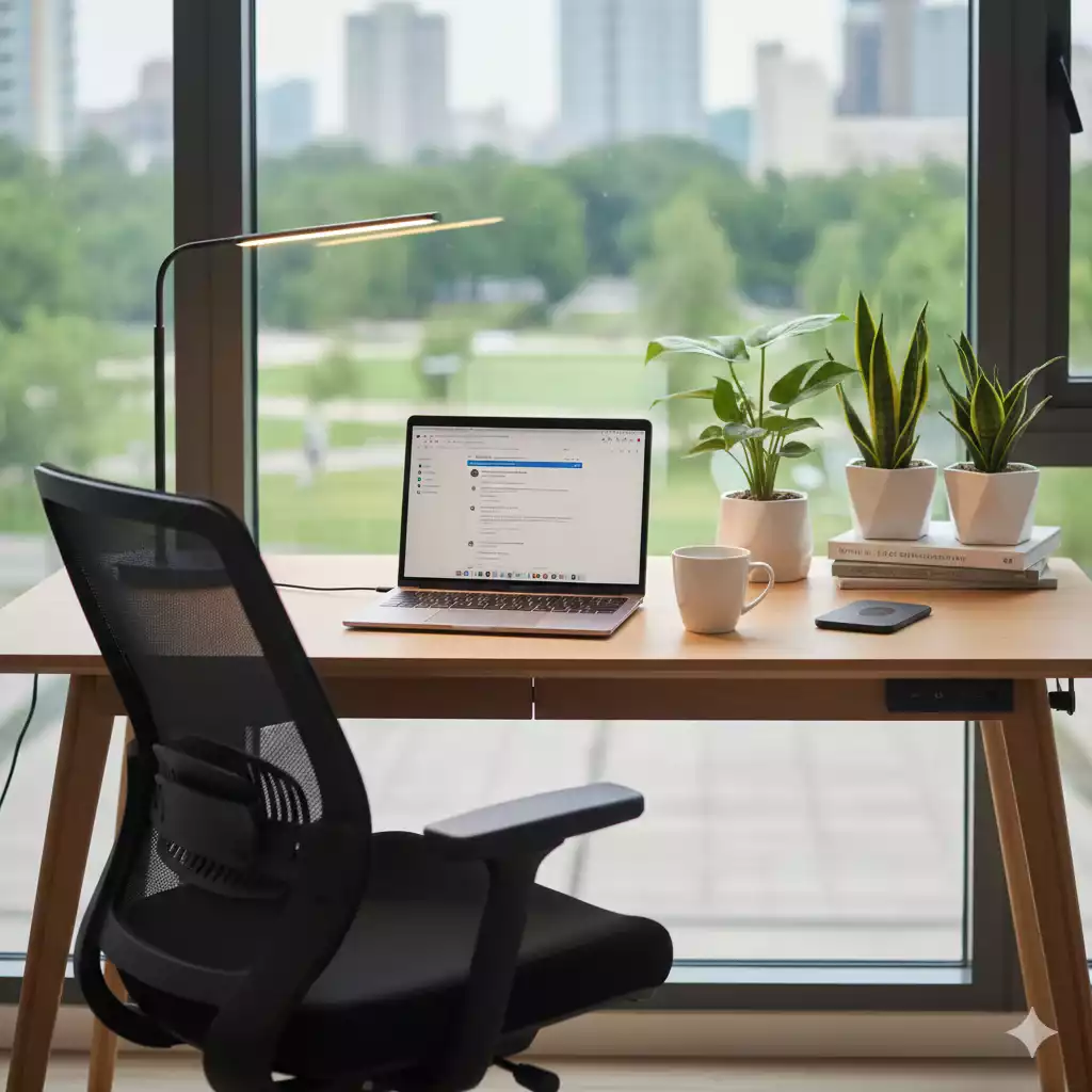 cadeira ergonômica e computador com objetos de escritório modernos