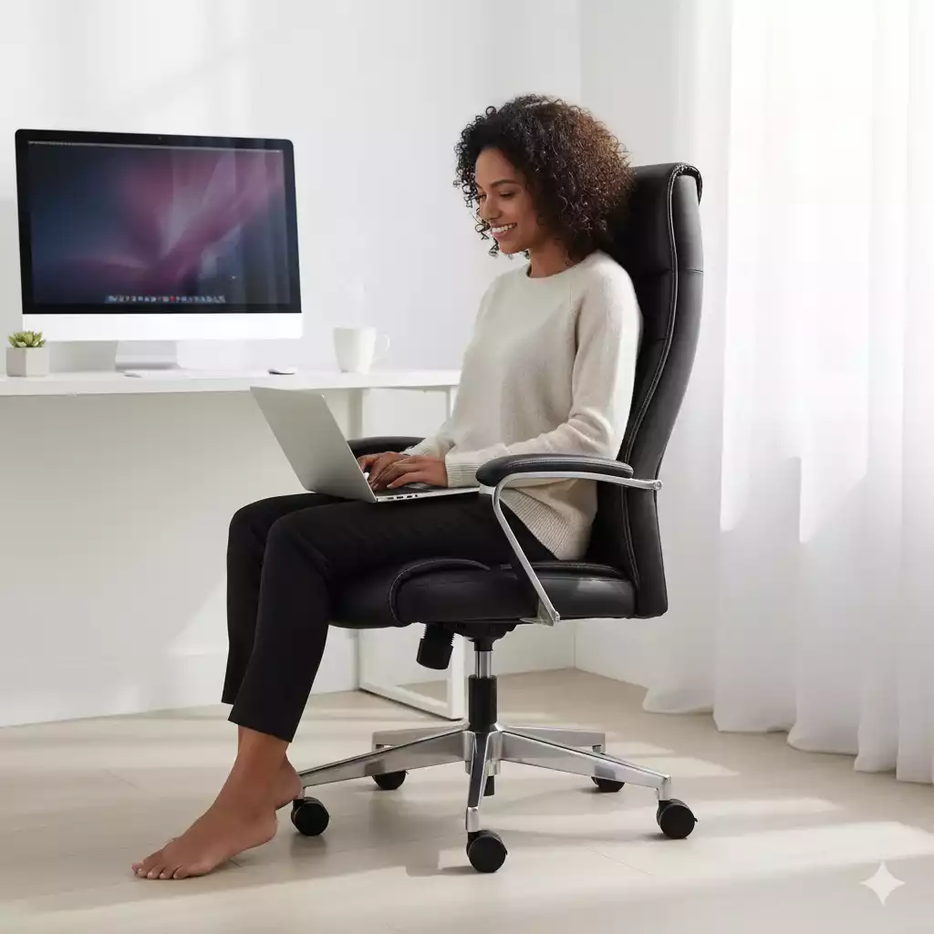 Mulher trabalhando em cadeiras ergonômicas home office
