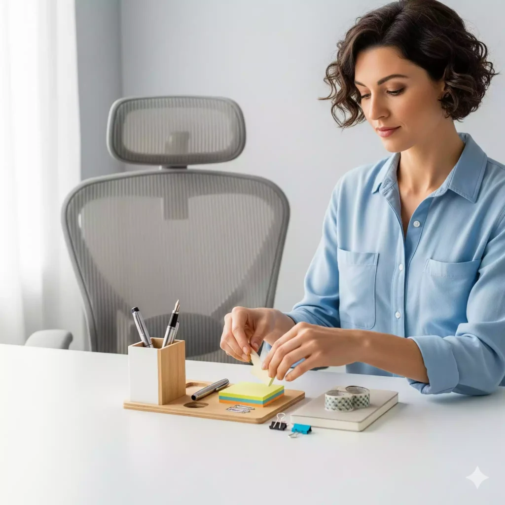 mulher organizando seu kit escritório em mesa minimalista