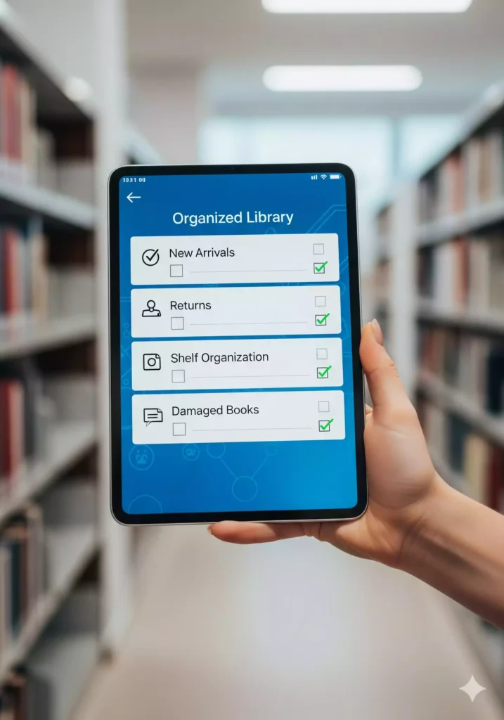 Checklist digital ensinando como organizar biblioteca digital em um tablet.