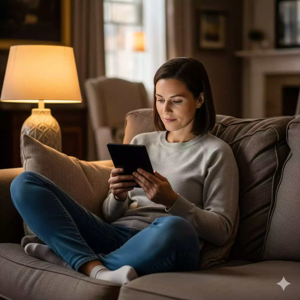 Mulher relaxando após aprender como organizar biblioteca digital.