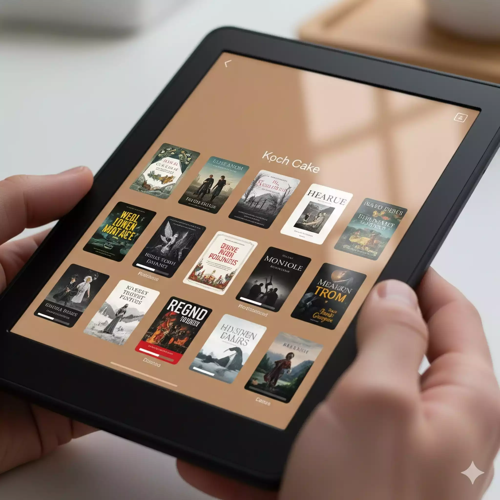 E-reader exibindo como organizar biblioteca digital com livros visíveis na tela.
