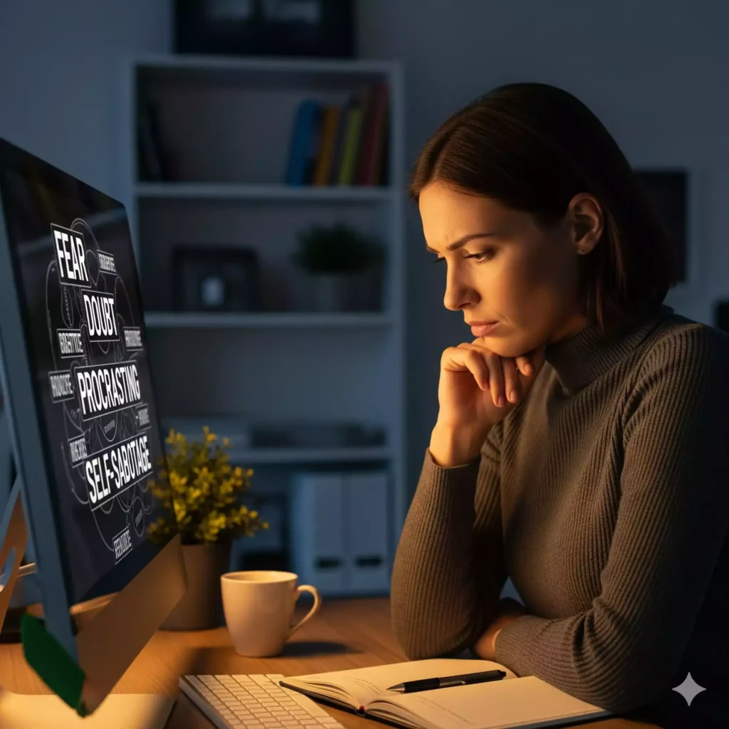 Mulher pensativa diante de computador, enfrentando obstáculos do crescimento pessoal