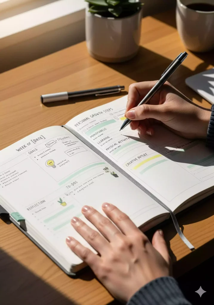 Detalhes de mãos escrevendo em um planner, aplicando passos de crescimento pessoal