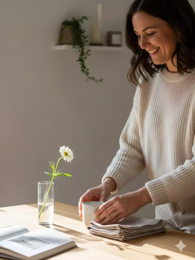Mulher sorridente aplicando sua rotina de organização na mesa de trabalho.