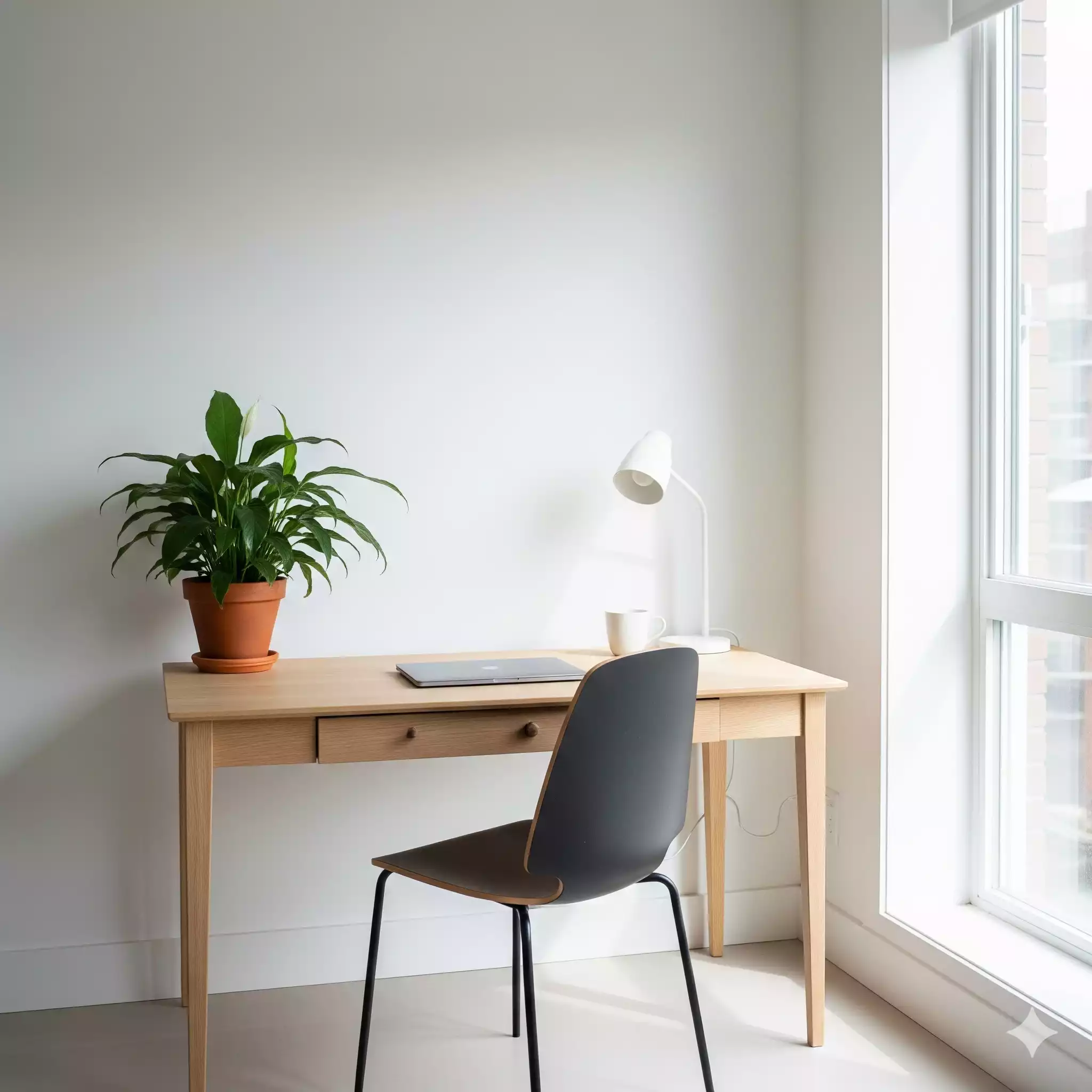Escritório organizado e moderno com mesa clara e cadeira preta em decoração de escritório minimalista