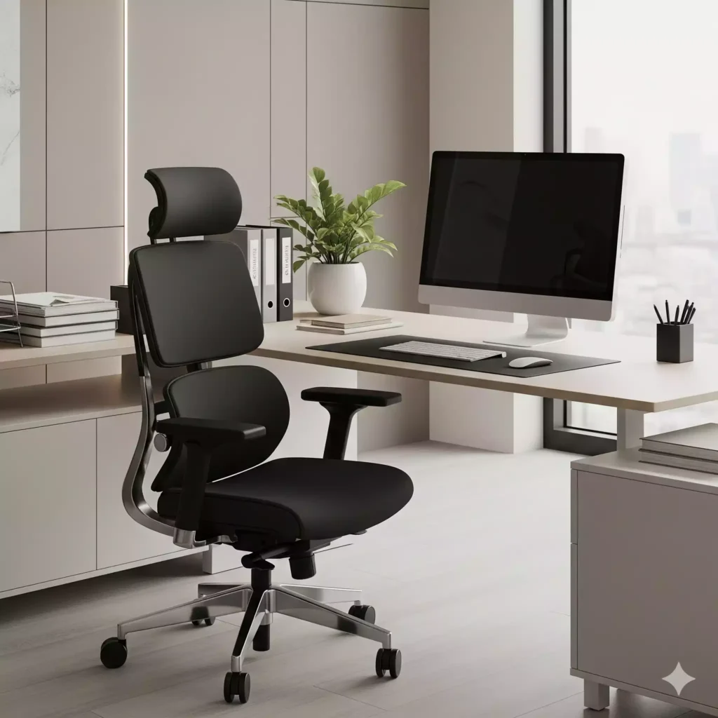 Cadeira ergonômica ajustável em mesa organizada como parte da decoração de escritório
