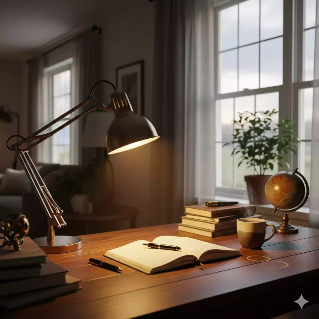 Luminária de mesa acesa ao lado do computador em decoração de escritório funcional