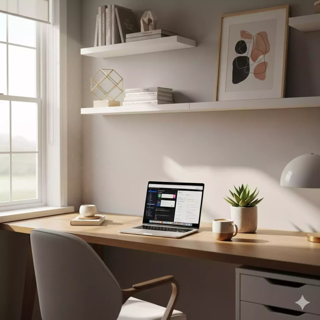 ambiente aconchegante, luz natural, tom profissional. decoração escritório introdução