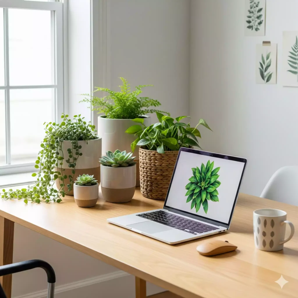 Plantas naturais em mesa de madeira clara em decoração de escritório biofílica