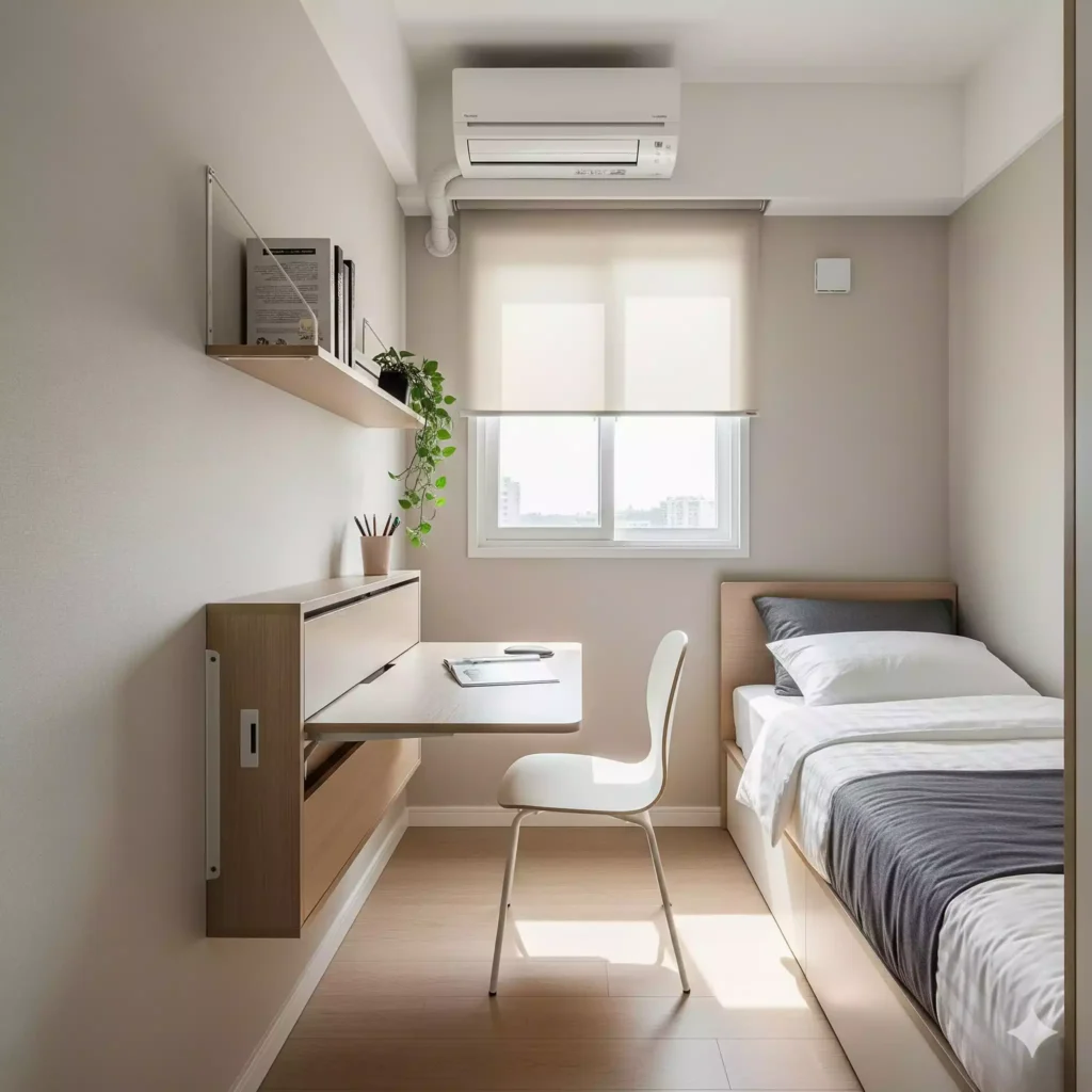 Escritório no quarto pequeno com mesa dobrável