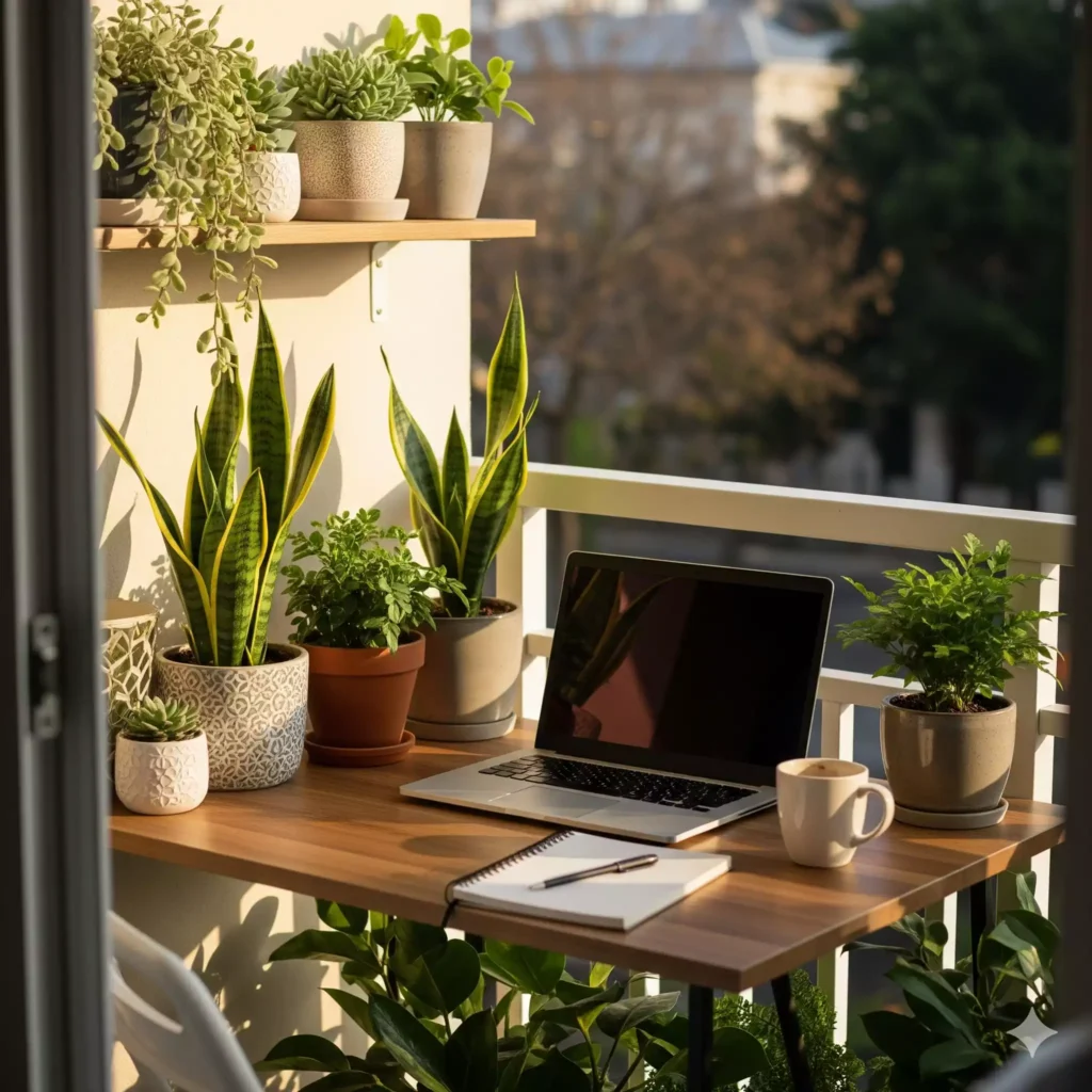 escritório pequeno planejado na varanda com plantas