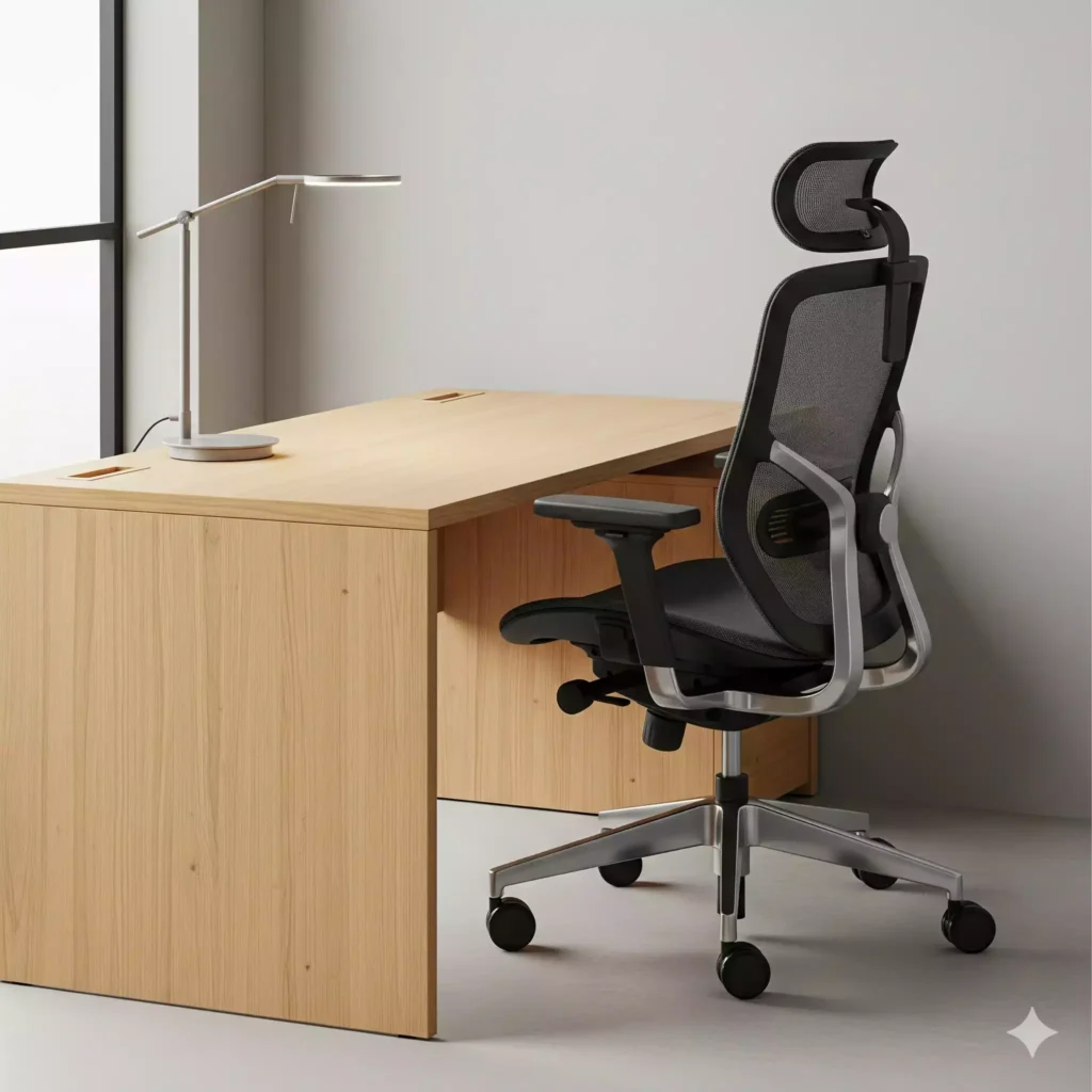 kit escritório com mesa de madeira, cadeira ergonômica e luminária