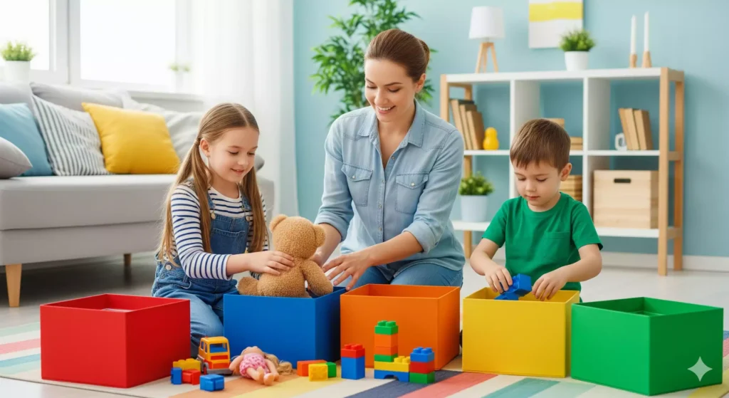 mulher sorridente aplicando organização na casa com filhos guardando brinquedos