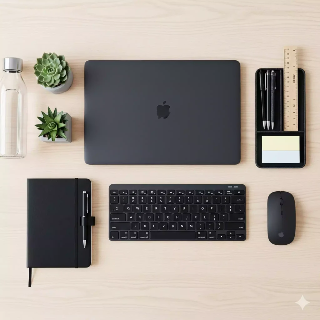 Alt text: kit escritório completo e organizado em ambiente clean