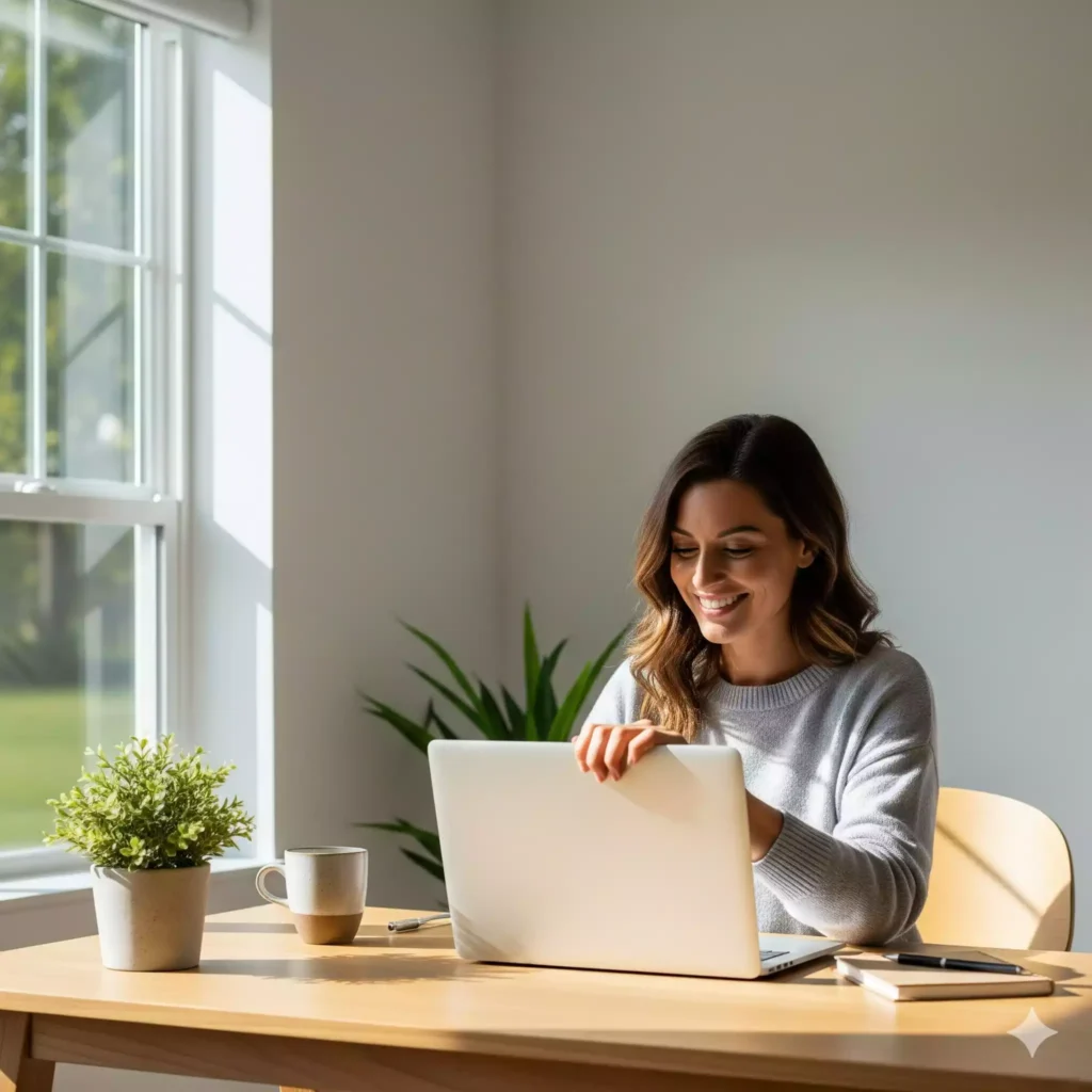 “Mulher encerrando o dia no home office com equilíbrio