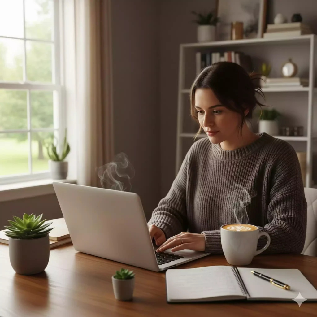 Mulher trabalhando em home office de forma confortável