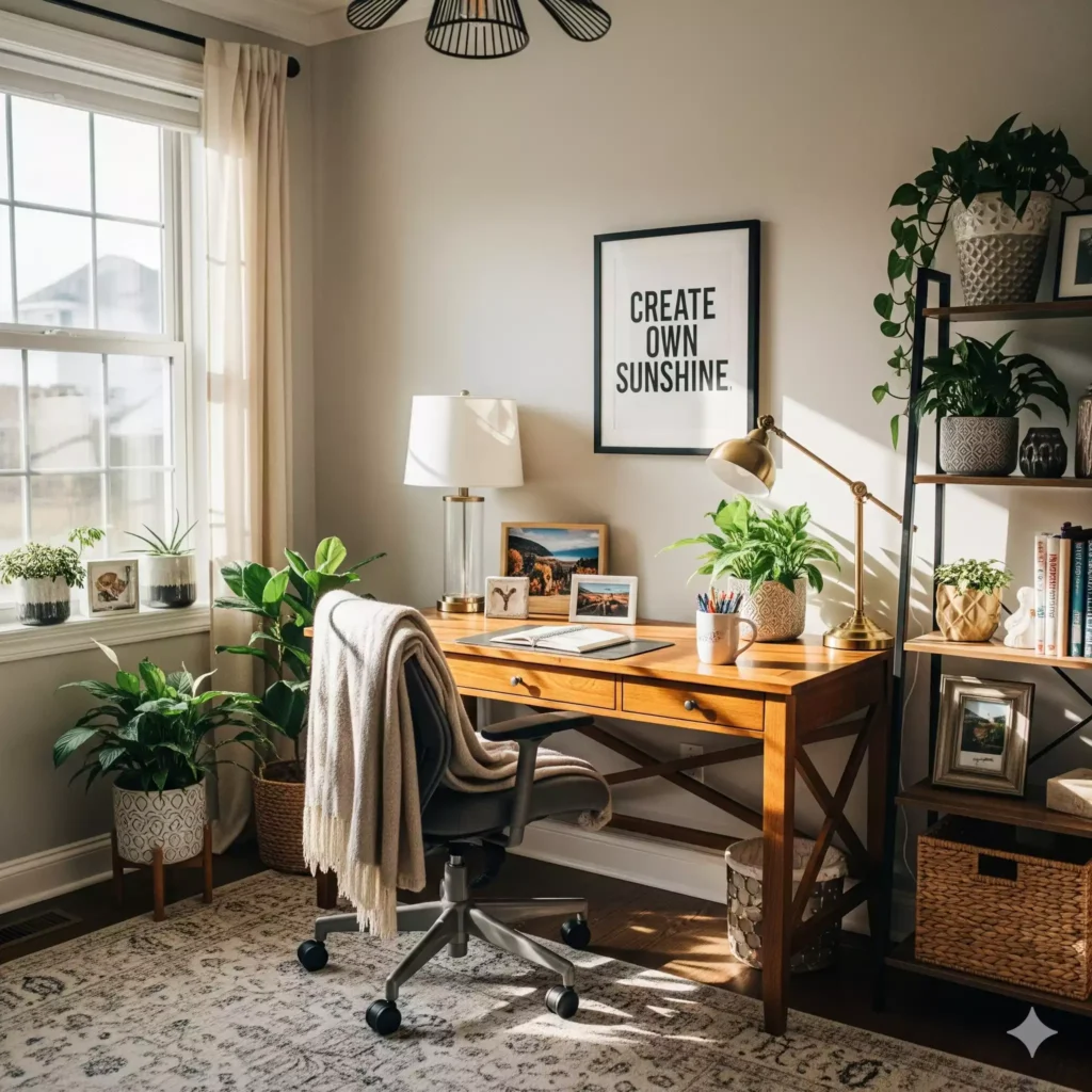 Home office decorado com plantas e elementos motivadores