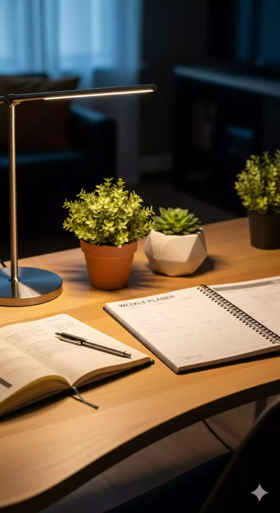 Imagem vertical de home office com mesa ergonômica e iluminação natural
