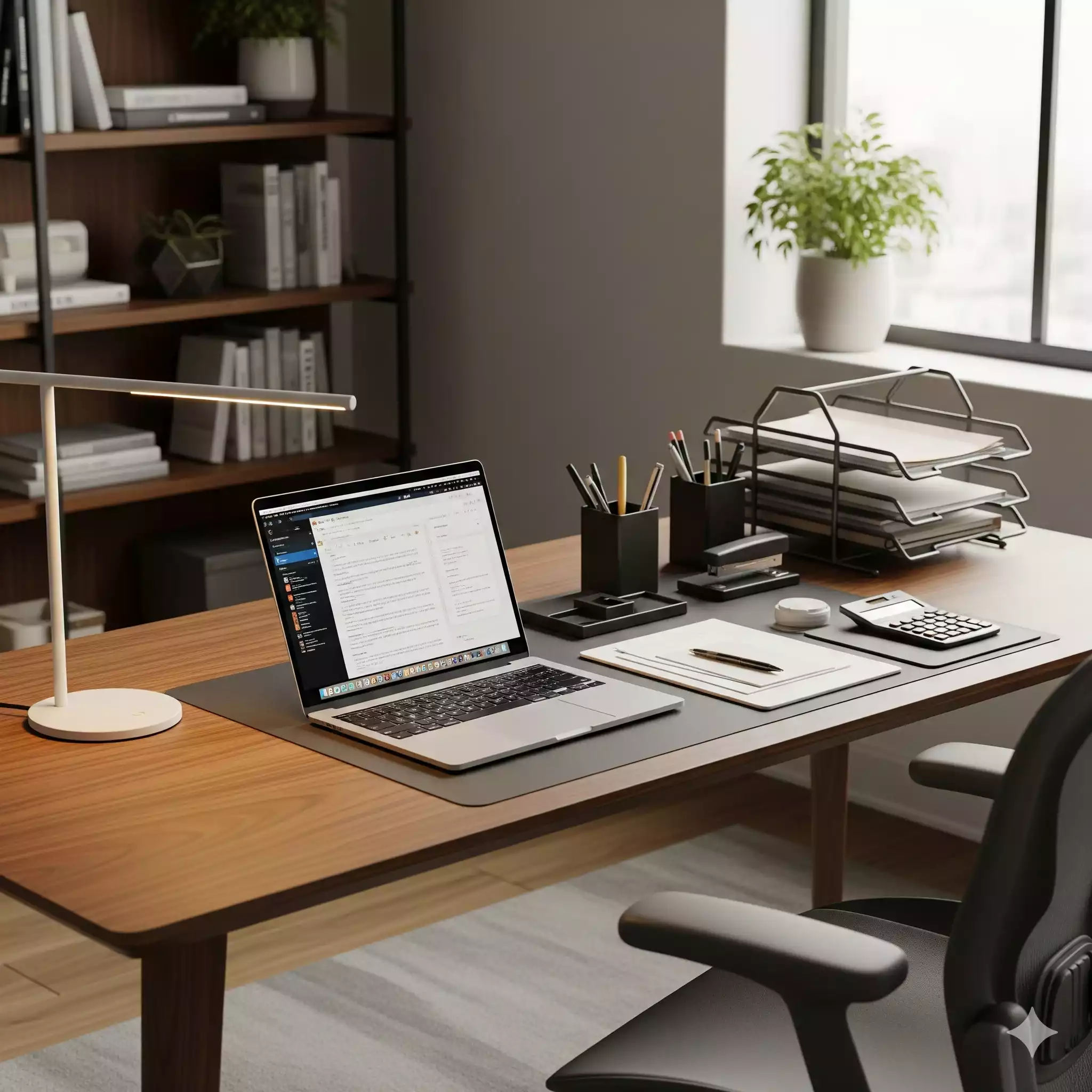 home office iluminado com kit escritório completo